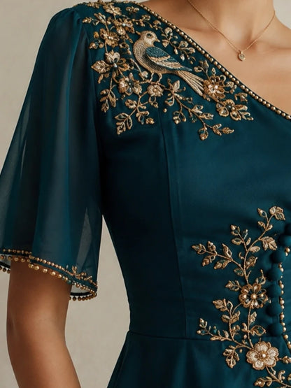 Teal Peacock Embroidered Peplum Blouse