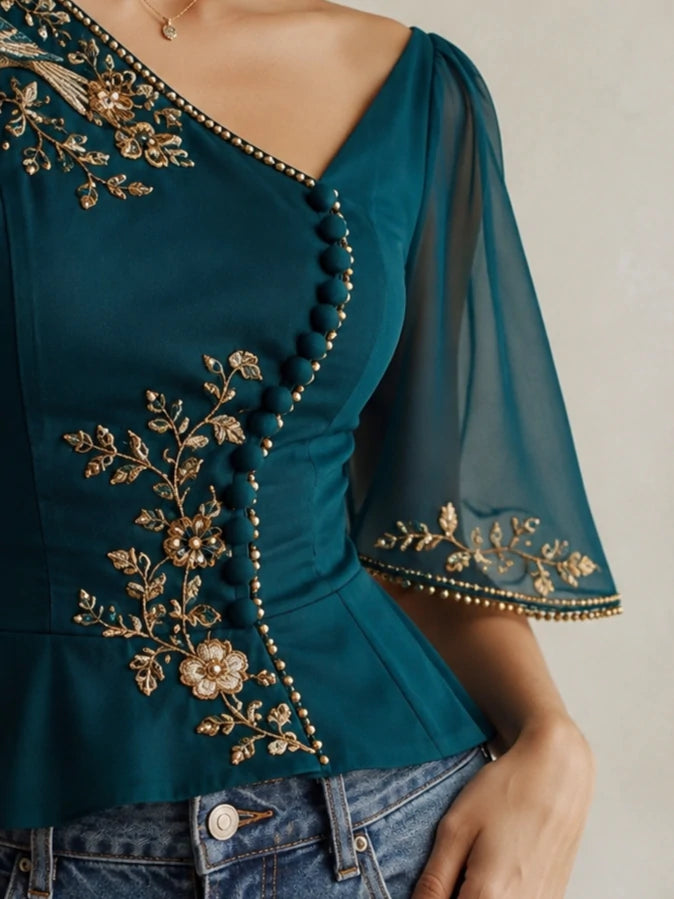 Teal Peacock Embroidered Peplum Blouse