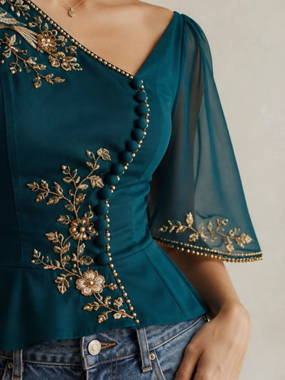 Teal Peacock Embroidered Peplum Blouse