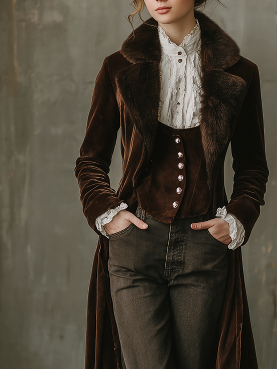 Retro Faux Fur Collar Velvet Long Coat