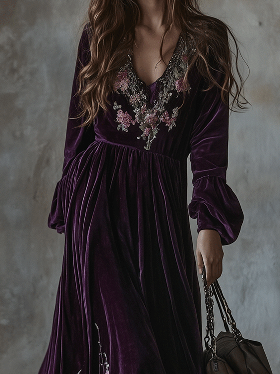 Vintage Floral Embroidered Velvet Maxi Dress