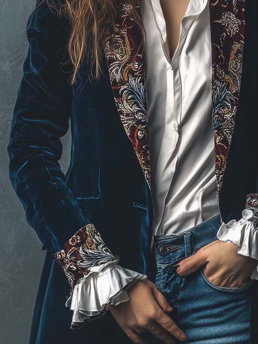 Velvet Blazer With Printed Lapel And Cuffs – Vintage Indigo Elegance