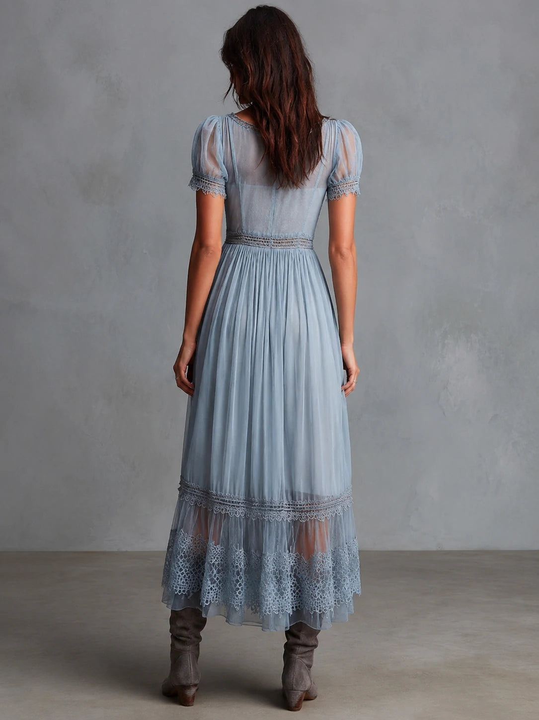 Grace Dusty Blue Lace-Trimmed Chiffon Midi Dress