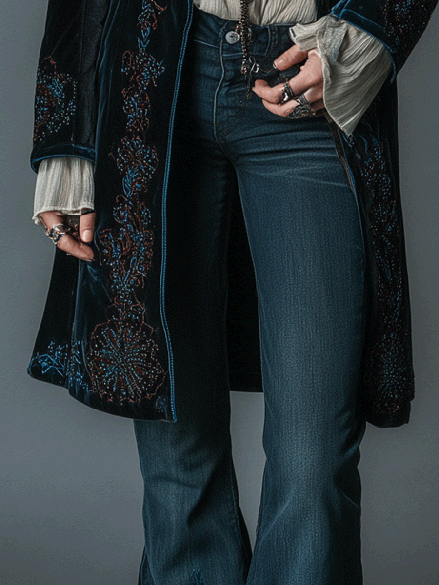 Vintage Navy Velvet Tailored Boho Embroidery Coat