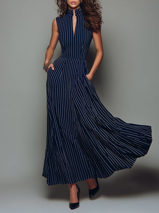Retro Striped V-neck Sleeveless Maxi Dress