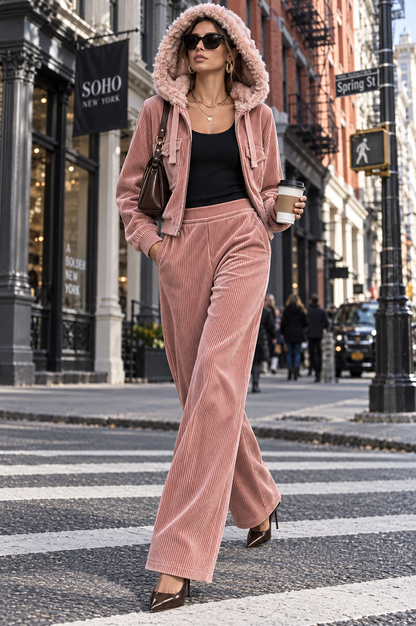 Dusty Pink Corduroy Zip-Up Faux Fur Trim Hoodie & Wide-leg Pants Set