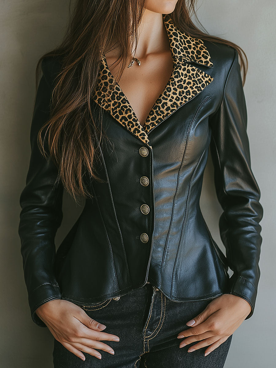Chic Black Leopard Print Lapel Eco Leather Blazer