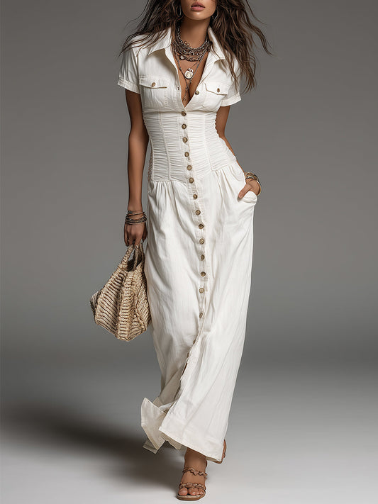 Bohemian Cotton And Linen Maxi Dress With Pleated Waist