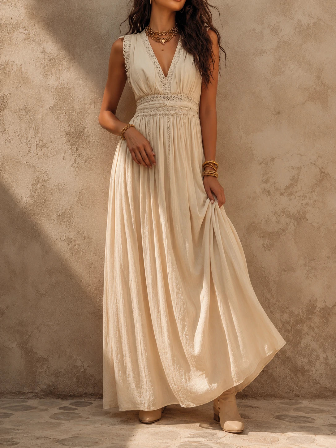 Boho Sandstone Ivory Lace-Trim Maxi Dress