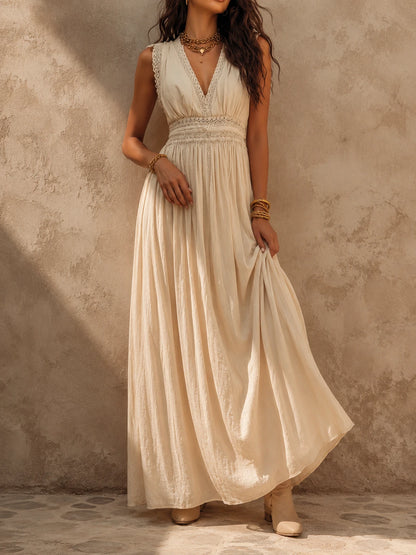 Boho Sandstone Ivory Lace-Trim Maxi Dress