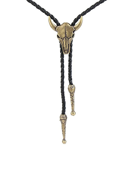Bull Head Vintage Bolo Neck Cord Leather Necklace