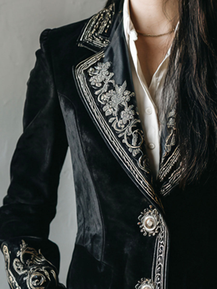 Vintage Black Velvet Metallic Baroque Embroidered Tailored Jacket