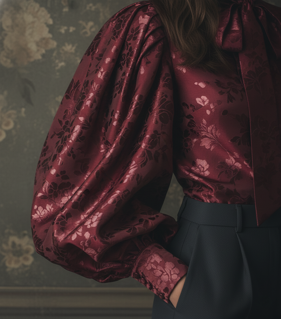 The Crimson Damask Puff-Sleeve Blouse