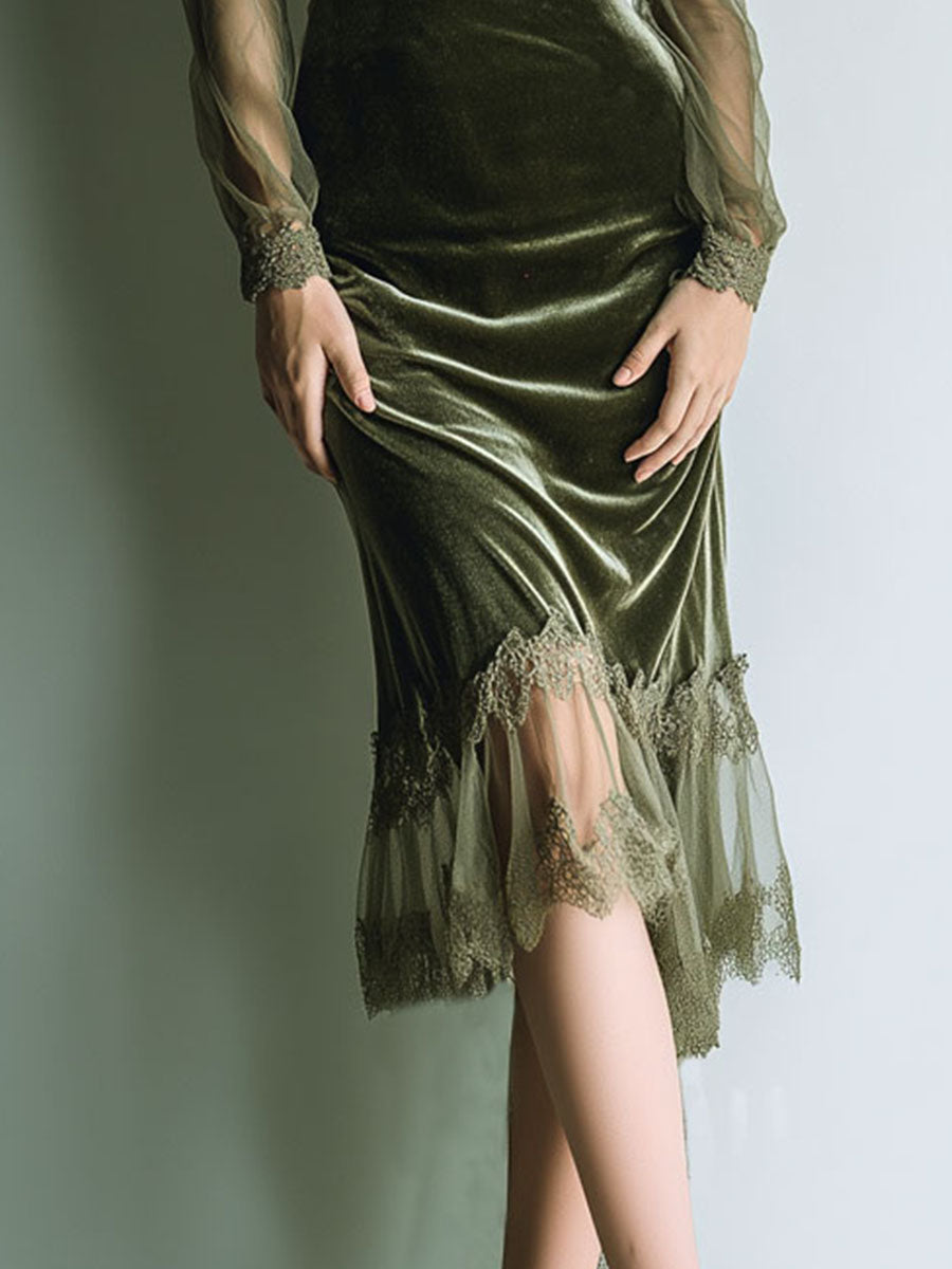 Elegant Sheer Long Sleeves Olive Velvet Midi Dress With Lace-Trim