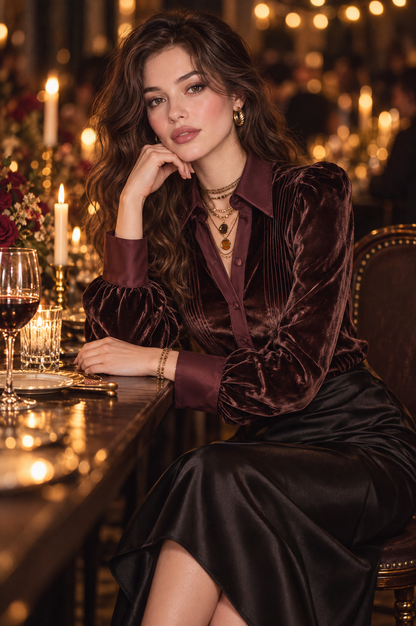 Elegant Velvet Paneling Long-sleeve Blouse Featuring Pintuck Detailing