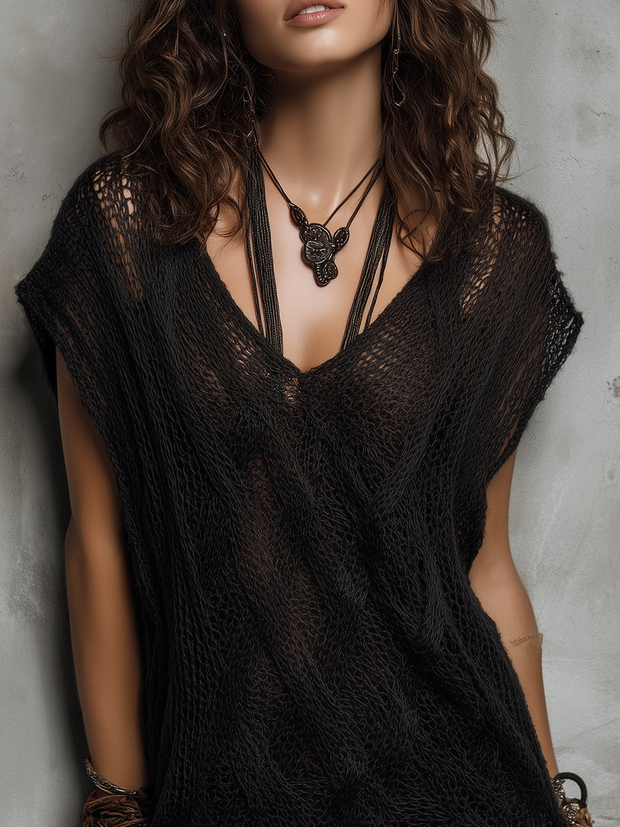 Bohemian Style Openwork Knit Batwing Sleeve Mini Dress