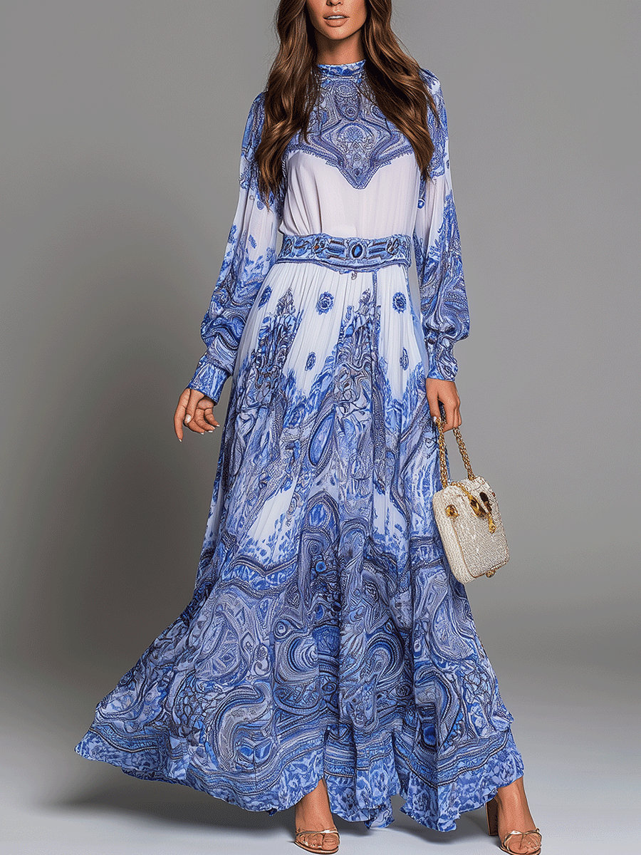 Elegant Royal Blue Paisley Maxi Dress