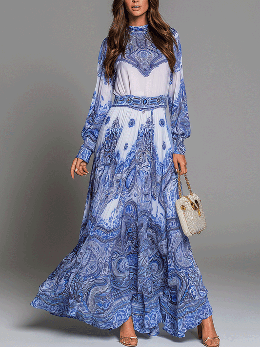 Elegant Royal Blue Paisley Maxi Dress