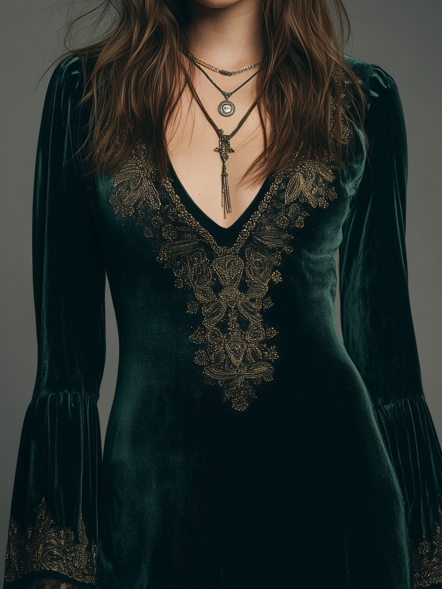 Elegant Deep Green Velvet Gold Embroidery V-Neck Lace Hem Detail  Mini Dress