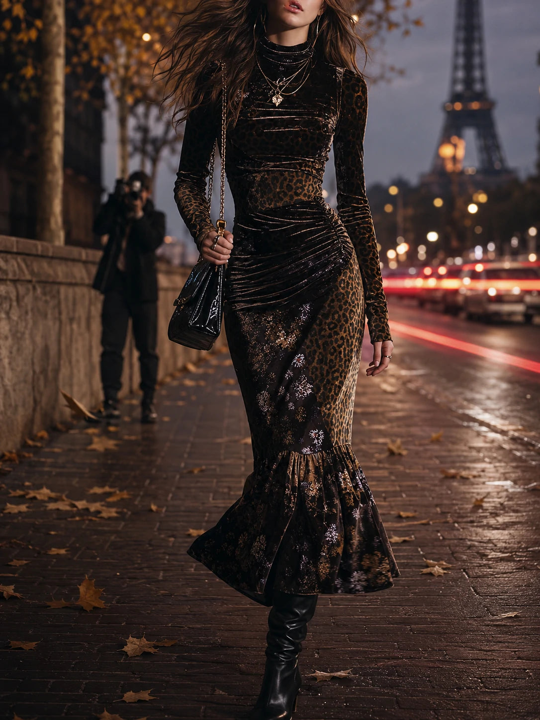 Retro Gothic Leopard Print And Floral Patchwork Velvet Maxi Dress