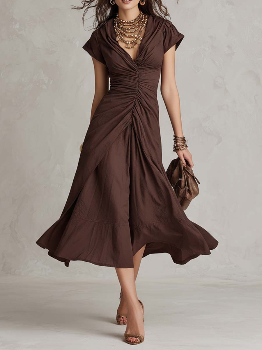 Vintage Boho Ruched Cotton Knit Midi Dress