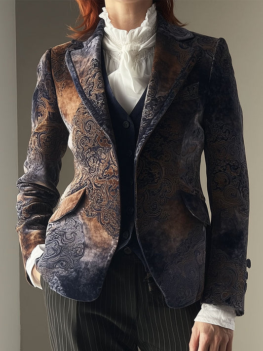 Vintage Suede Totem Print Lapel Blazer