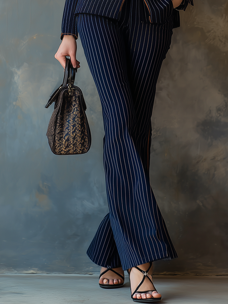 Retro Contrast Trim Striped Suit Matching Set