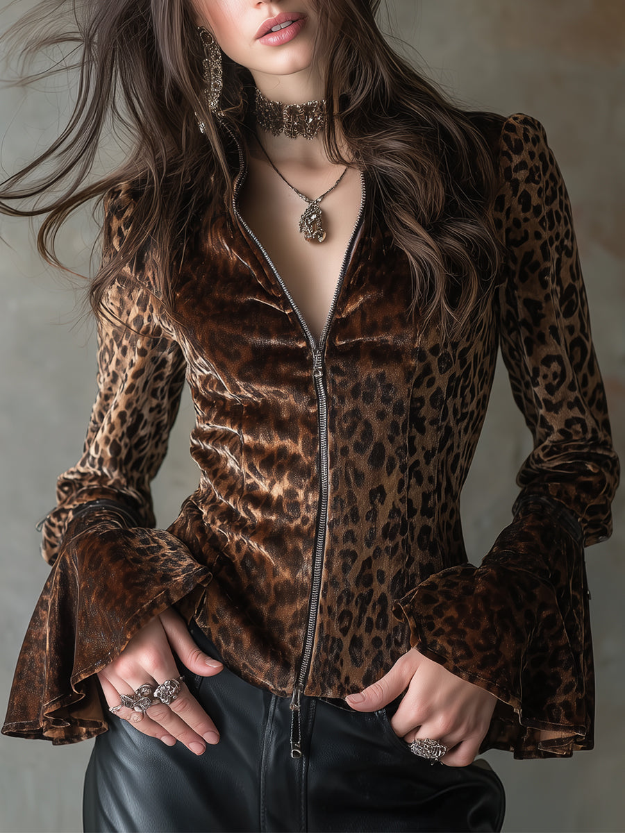 Retro Velveteen Leopard Print Bell Sleeves Blouse