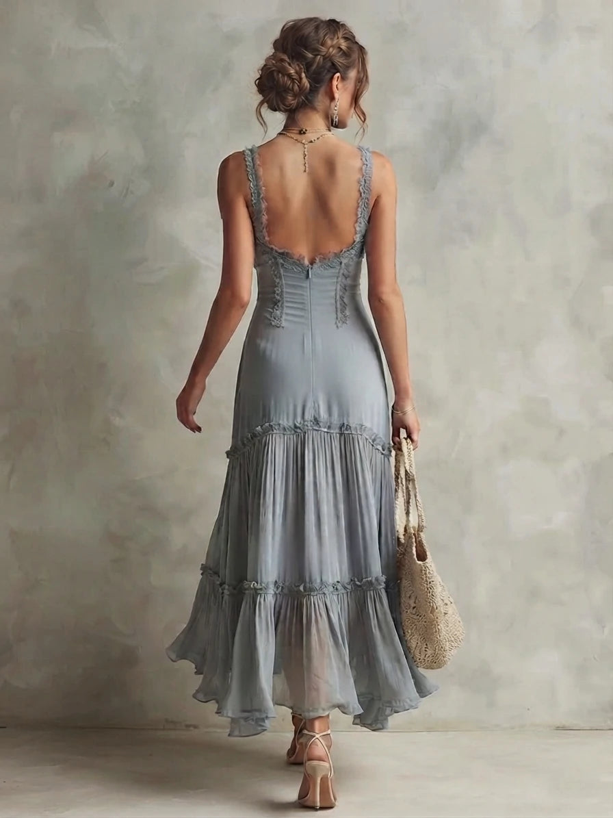 Bohemian Romantic Lace Trim Corset Chiffon Midi Dress