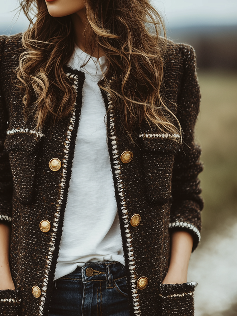 Vintage Contrast Trim Chanel Style Mid-Length Jacket
