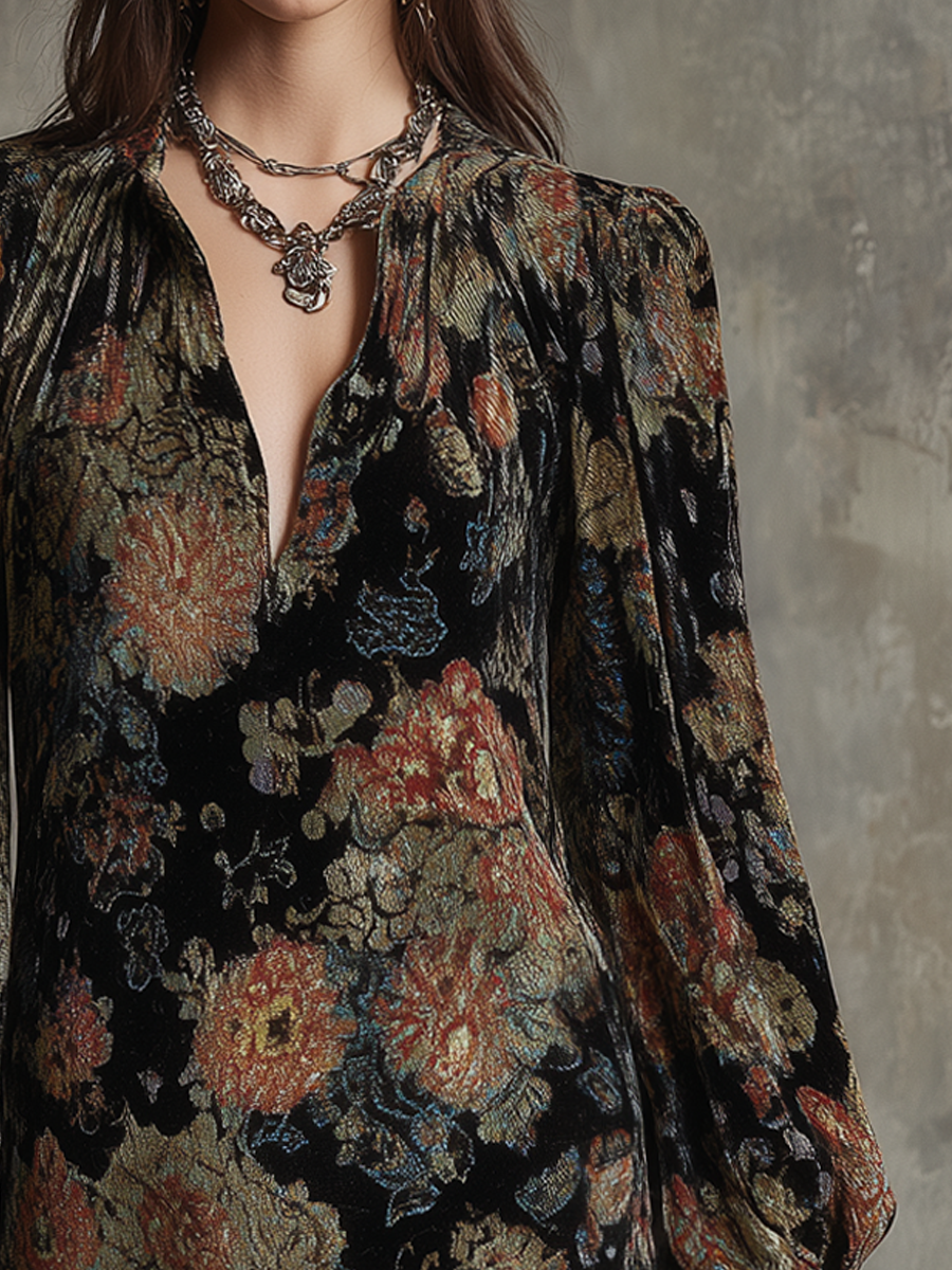 Vintage Floral Pleated Neck Velvet Mini Dress