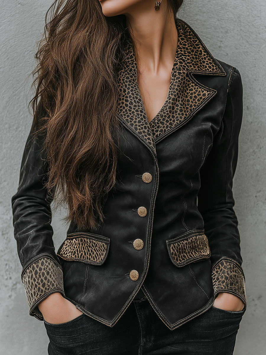 Vintage Black Eco Leather Blazer With Leopard Pattern Trim