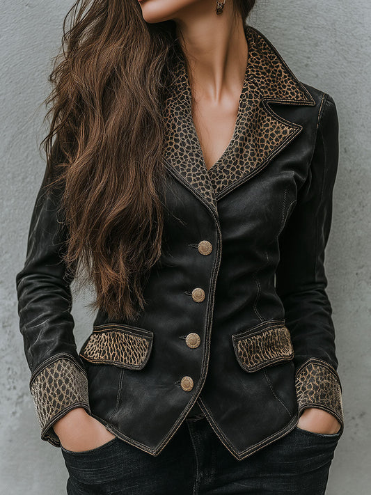 Vintage Black Eco Leather Blazer With Leopard Pattern Trim