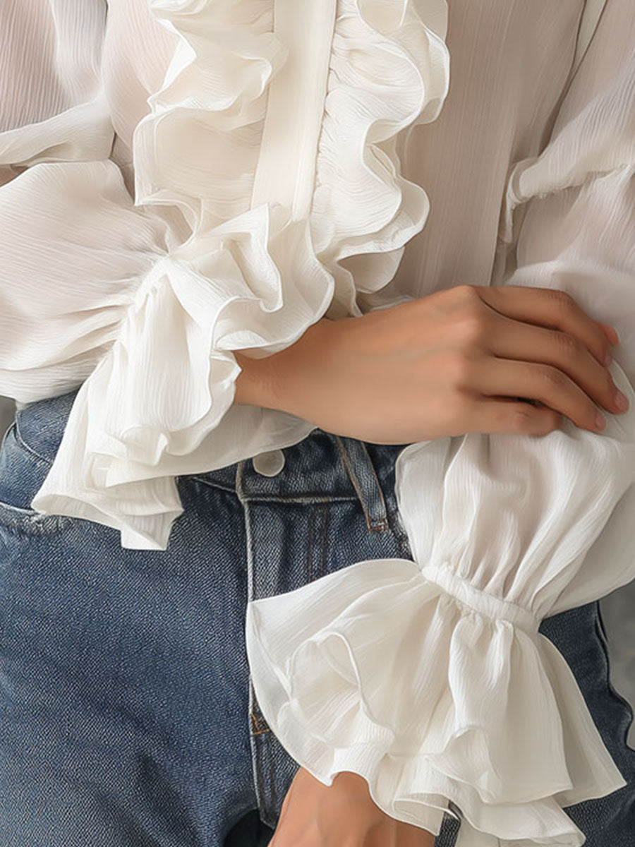 Retro Romantic High Neck White Ruffled Chiffon Blouse – BCSHARED