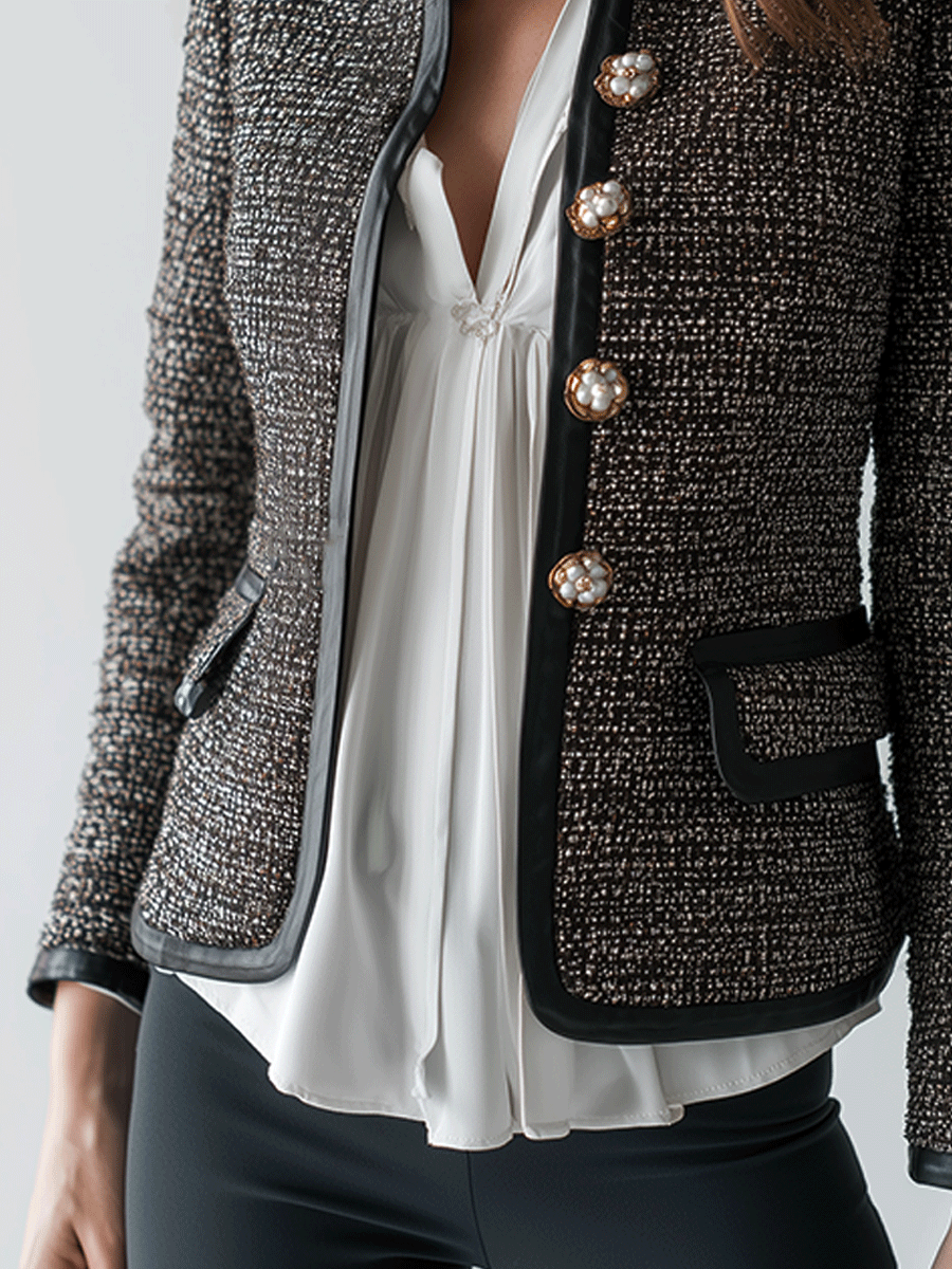 Fashion Baroque Buttons Contrast Trim Tweed Blazer