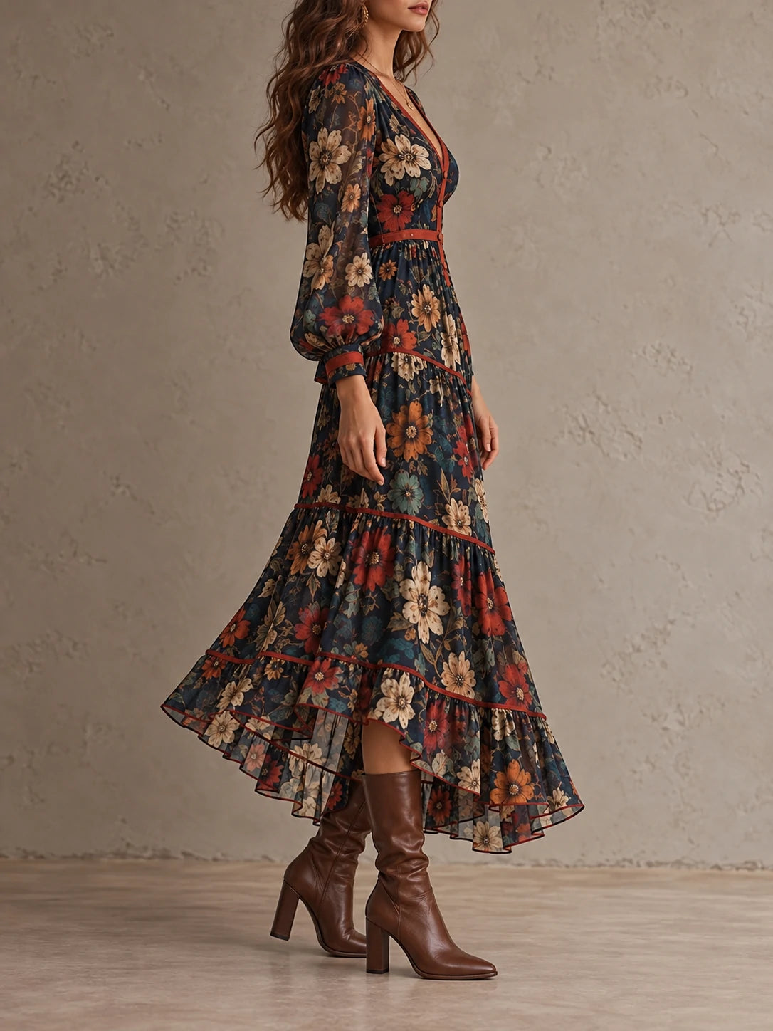 Vintage Floral Balloon-Sleeve Tiered Midi Dress