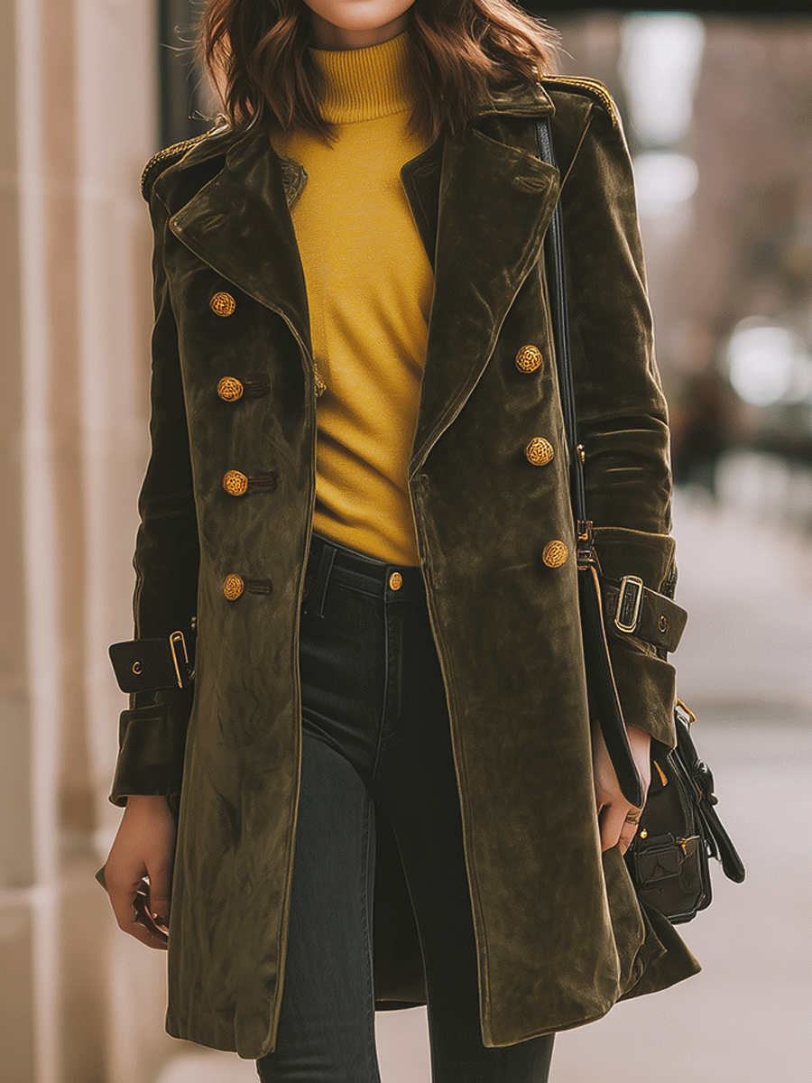 Casual Luxury Velvet Dark Olive Green Coat