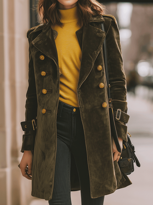 Casual Luxury Velvet Dark Olive Green Coat