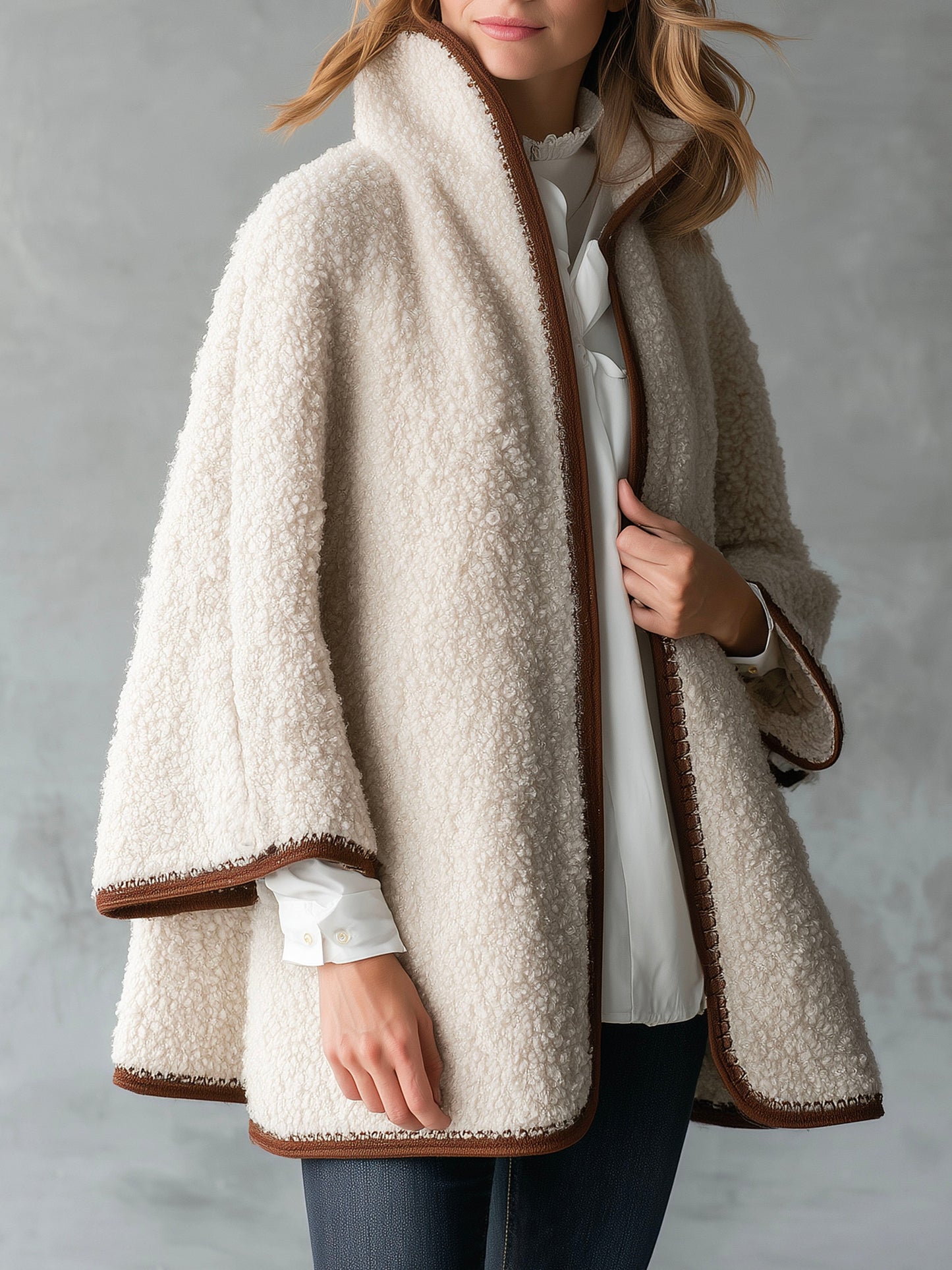 Cozy Ivory Teddy Shearling Cape With Contrast Trim
