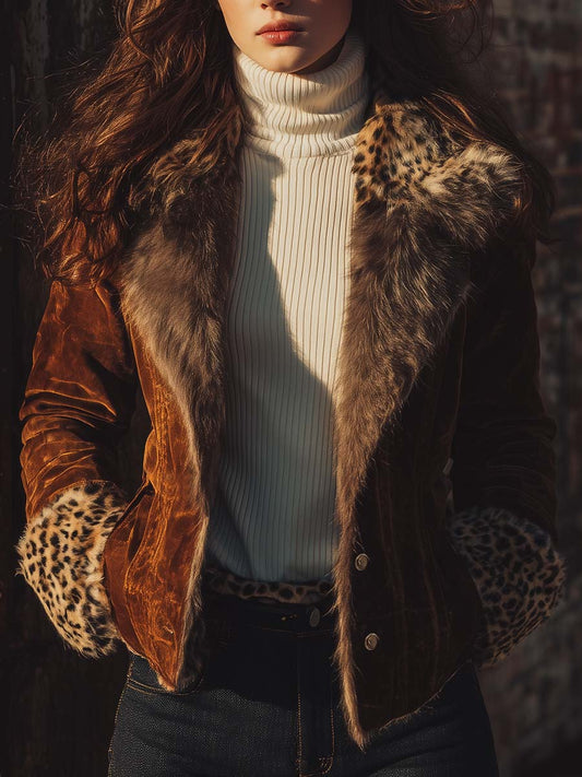 Leopard Trim Eco-Suede Fur Jacket – Amber Brown