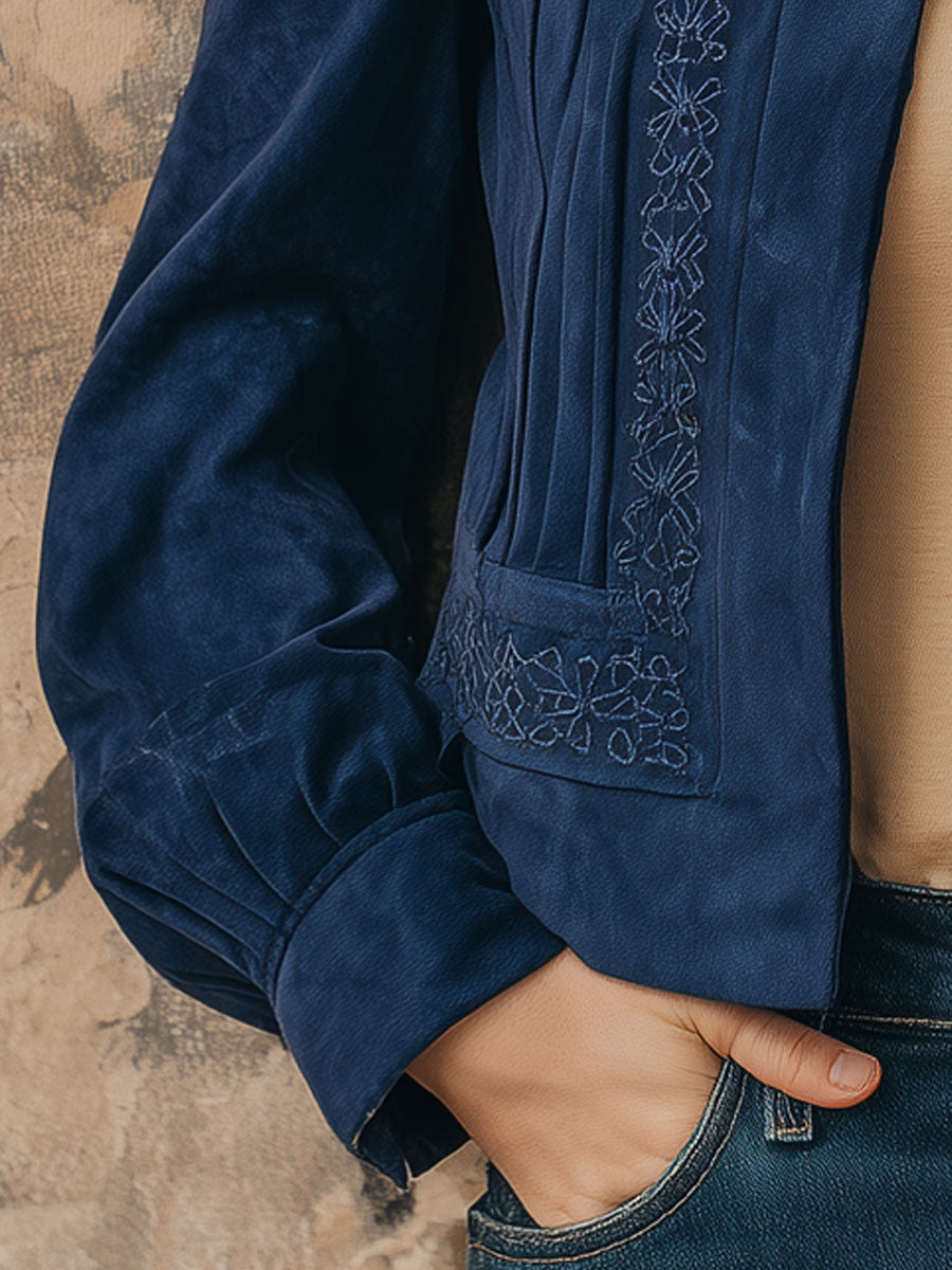 Vintage Embroidered Puff Sleeve Suede Stand Collar Jacket