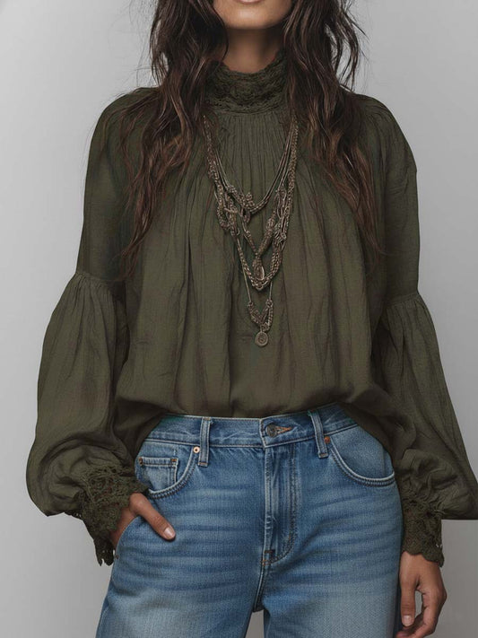 Vintage Lace Trim Cotton Linen Blouse
