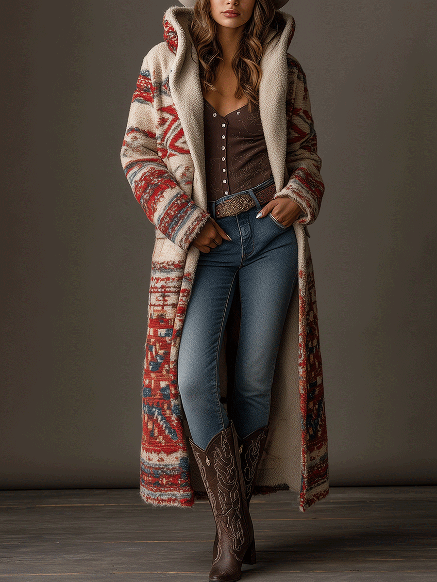 Bohe Tribal Pattern Long Sherpa Hooded Maxi Coat
