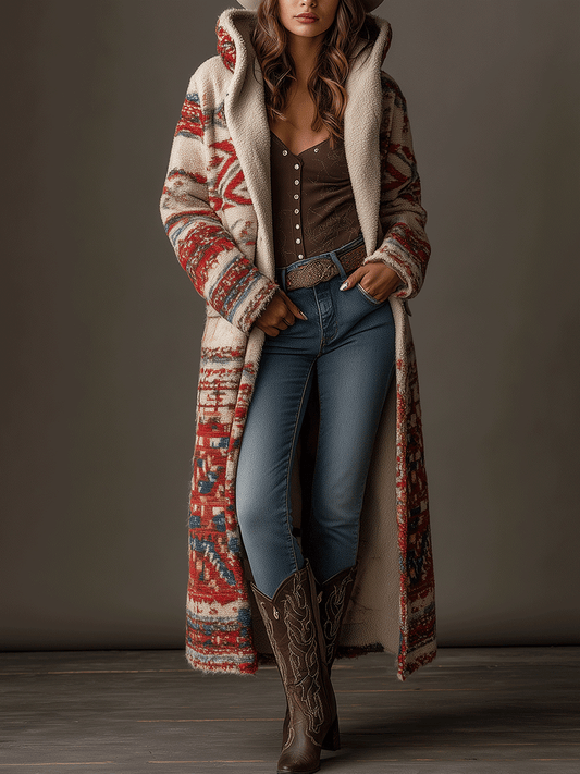 Bohe Tribal Pattern Long Sherpa Hooded Maxi Coat