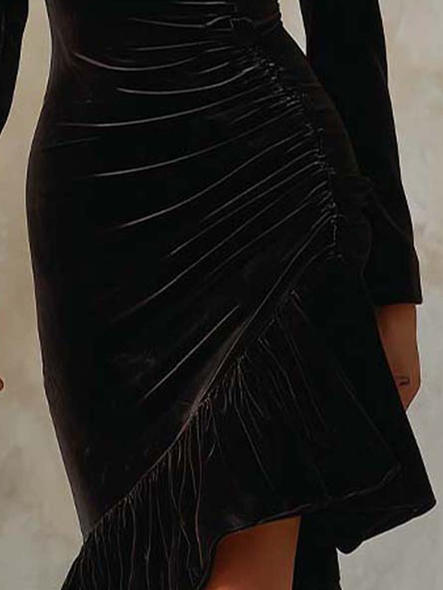 Vintage Black Velvet Wrap Dress With Asymmetrical Ruffle Hem