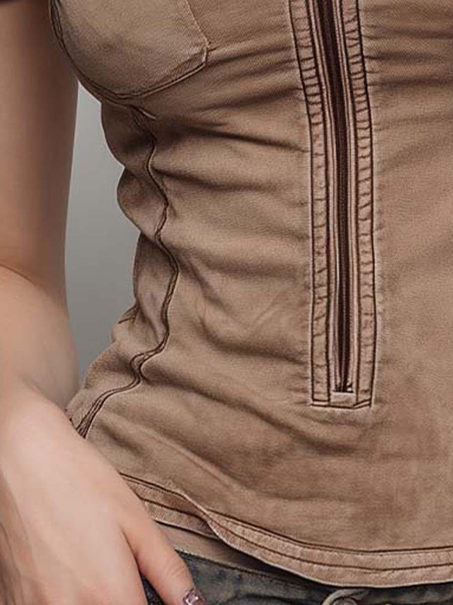 Sand Microsuede Utility Pocket Detail Zipper Slim Fit Top
