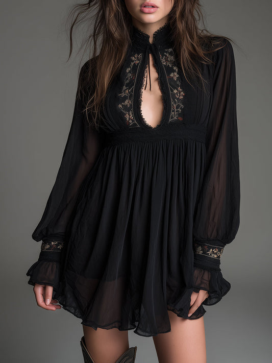 Bohemian Embroidered Chiffon Mini Dress With Keyhole Neckline