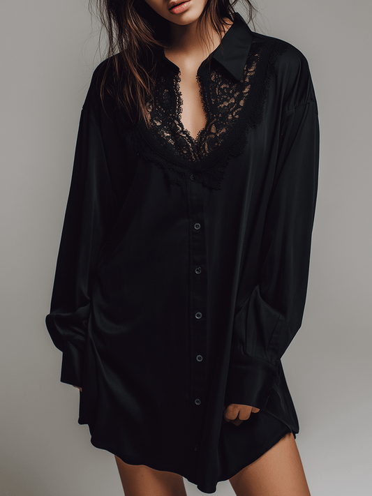 Versatile Casual Black Lace-Trimmed Loose-Fitting Shirt Mini Dress