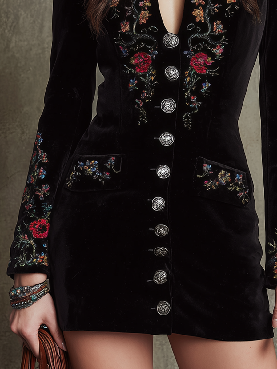 Retro Stand V Neck Embroidered Polyester Velvet Slim Mini Dress