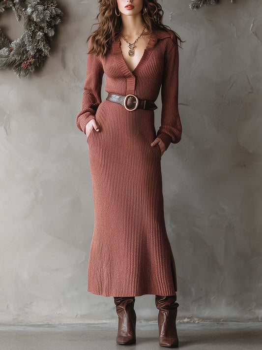 Ribbed Knit Maxi Dress With Deep V Collar And Leather Belt